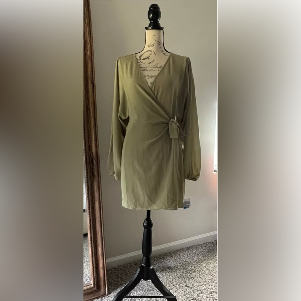 Elegant Olive Wrap Dress, NWT